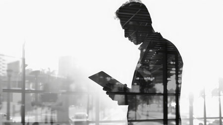 Double exposure silhouette of man skilled managing director is analyzing activities of the company by using touch pad and net-book. Thoughtful economist is reading news in network via digital tabletの素材