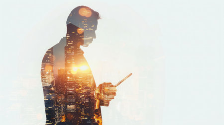 Double exposure of city and business man using digital tabletの素材