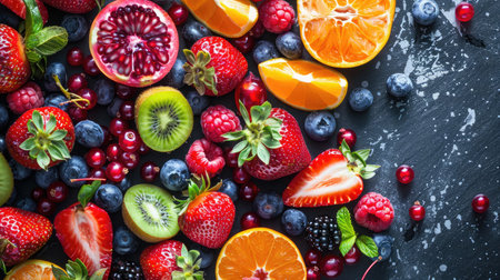mix of fresh fruits and berries. raw food ingredients. nutrition backgroundの素材