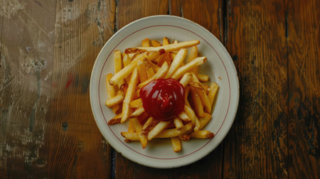 top view of french fries with ketchup on plateの素材