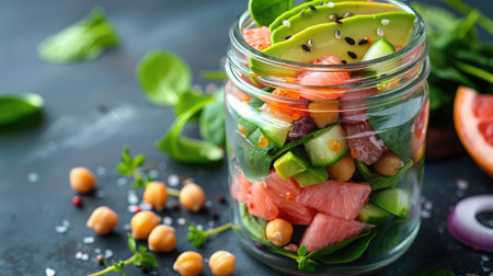 Fresh spring salad of grapefruit, avocado, sweet onion, spinach and chickpeas in a glass jar for a snack with you. The concept of healthy proper nutrition for the whole family. selective Focus.の素材