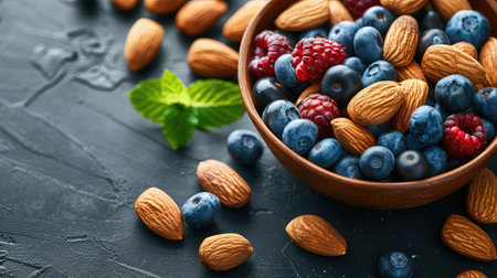Bowl with almonds, bilberry, fresh fruit and other healthy food. Organic breakfast with vegetarian nutrition. Super foods collection on table.の素材
