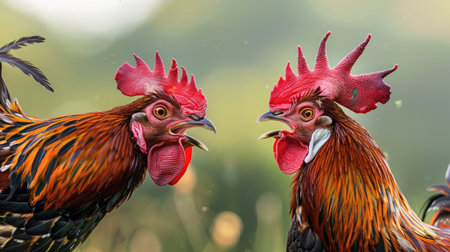 Two angry wild roosters fighting with neck feathers upの素材