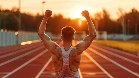 Successful man raising arms after cross track running on summer sunset. Fitness male athlete with arms up celebrating success and goals after sport exercising and working out.の素材
