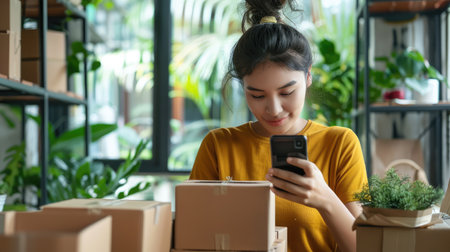 Drop shipping business owner talking on mobile phone and taking order. Female entrepreneur working at home office confirming the order on phone.の素材