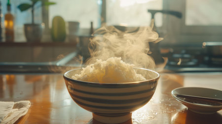 Bowl with cooked rice on the table. --ar 16:9 --v 6 Job ID: 67dbf8df-acd9-4ee7-a059-a90927c59f00の素材