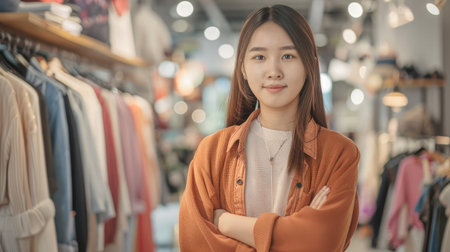 Fashion blogger concept, Young Asian women stand with arm crossed after streaming live sell clothes.の素材