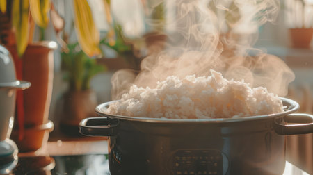 Jasmine rice cooking in electric rice cooker with steam. Soft Focus, Rustic tone picture.の素材