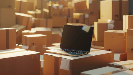 laptop computer at workplace of start up, small business owner. cardboard parcel box of product for deliver to customer. Online selling, e-commerce, packing conceptの素材