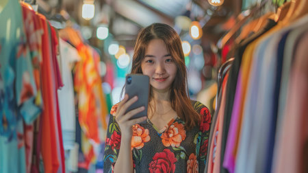 Beautiful Asia woman Live streaming selling clothes online with smartphone at her shop. Small business owner, online market concept.の素材