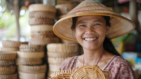 proud seller holding her bamboo craft product and smiling to cameraの素材