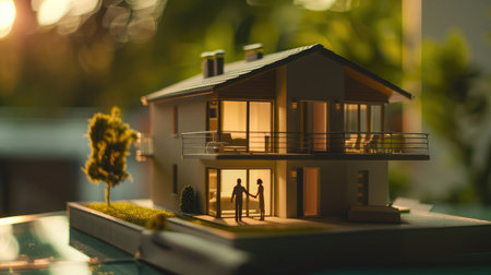 House model with agent asking costumer for contract to buy, get insurance or loan real estate or property. --ar 16:9 --v 6 Job ID: 5ad0746c-d9fd-441f-86fd-18ff9910af08の素材