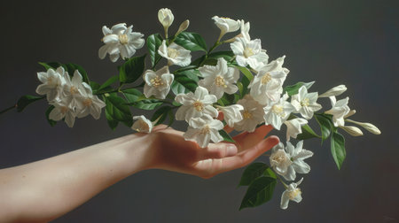 hand woman holding a bunch of Jasmine flowersの素材
