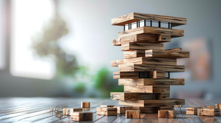 Modern house on wood tower block game white wall background copy space. Mortgage loan for buying home or real estate property, money risk management in financial, foreclosure and bankruptcy concept.の素材