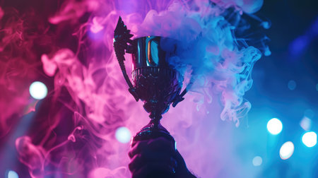 Trophy with smoke effect holding on hand and background blue and violet light for e-sport winner eventの素材