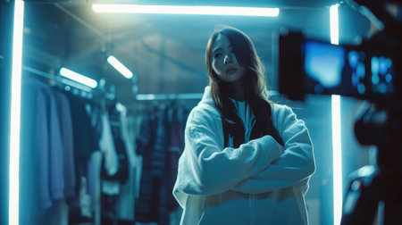 Smartphone on tripod view, woman record video advertisement. Young female designer represent new collection showing to camera white hoodie during online live stream, sell clothes via internet conceptの素材