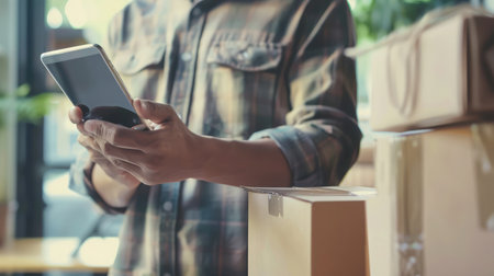 Startup small business SME, Entrepreneur owner using smartphone or tablet taking receive and checking online purchase shopping order to preparing pack product box. Selling online ideas conceptの素材