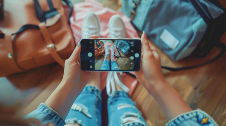 Woman taking photo of clothes (jeans, t-shirt, sneakers, backpack) with smartphone. Blogger, influencer or stylist capturing spring fashion outfit and accessories for social media.の素材