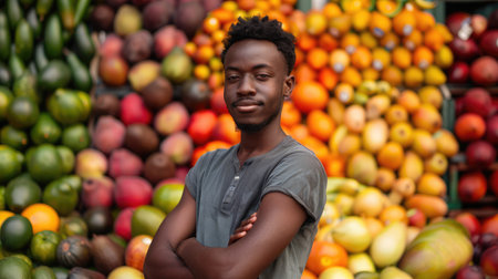 young african black man folding arms standing in front of a colorful fruits backgroundの素材