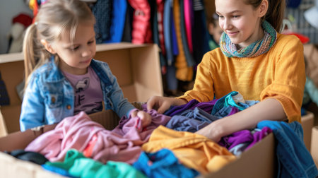 Woman and child sorting clothes and packing into cardboard box. Donations for charity, help low income families, declutter home, sell online, moving moving into new home, recycling, sustainable livingの素材