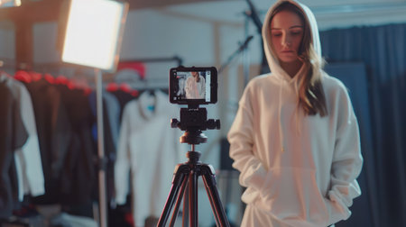 Smartphone on tripod view, woman record video advertisement. Young female designer represent new collection showing to camera white hoodie during online live stream, sell clothes via internet conceptの素材