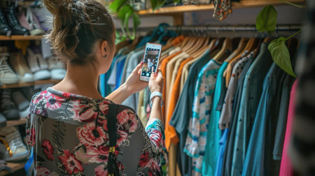 Woman taking photo of the shirt using her smartphone for selling or donating her clothes. Decluttering , Sorting Clothes, And Cleaning Up wardrobe. Reuse, second-hand concept. Conscious consumer.の素材