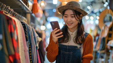 Young asian woman business owner at fashion store using cellphone live streaming for sale fashion hat and clothing. Influencers record video review item for sell on social media. Online shoppingの素材
