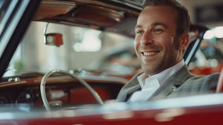 Satisfied smiling man customer buyer businessman client in classic suit sit in car salon chooses auto wants buy new automobile in showroom vehicle dealership store motor show indoor Car sales conceptの素材