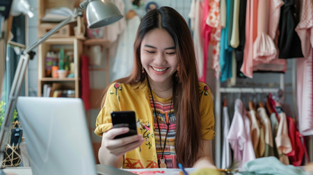 vlogger, blogger small SME business asian beautiful woman using mobile phone video call for sell clothes live stream selling online, show product present detail at home office, entrepreneur ecommerce --ar 16:9 --v 6 Job ID: 573fc306-bfeb-41e9-8e02-8f88c1b7bd3bの素材