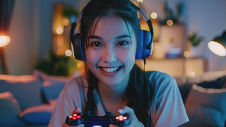 Young Asian Pretty Pro Gamer win in Online Video Gameの素材