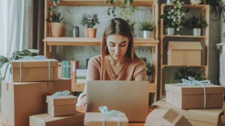 woman entrepreneur are going live selling products, selling products online, packing orders from customers who order through online selling sites. Concept of selling products onlineの素材