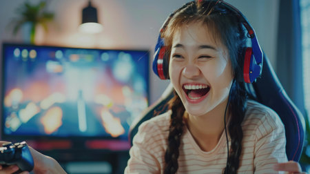 Young Asian Pretty Pro Gamer win in Online Video Gameの素材