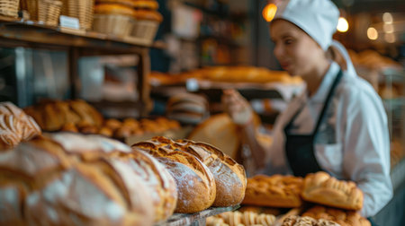 Bakery female worker in uniform selling loaf of bread to the customer in bakehouse. In background shelf full with fresh pastry products for sale.の素材