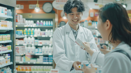 Close up hands of Handsome asian male selling pharmacist and female customer buying medicine in the pharmacy drugstore, hand over capsule pills of medicine from hand to another hand charge.の素材