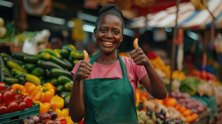 Happy African business woman or female trader wearing a green apron, doing thumbs up gestures while standing at her stall of vegetables in a market placeの素材