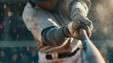 Baseball player hitting ball with bat in close upの素材