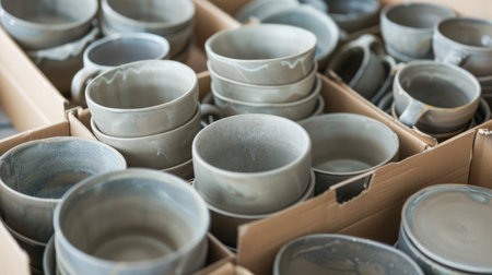 Entrepreneur sells dishes, plates and cups made of clay, ceramics online and packs them in boxes for sending to the delivery service. small business selling goods on the Internet.の素材