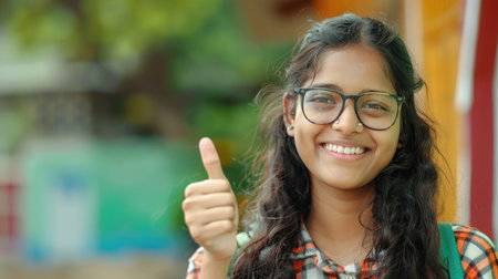Happy indian female student wearing glasses showing thumbs up sign gestureの素材