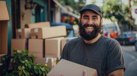 man with beard working at small business ecommerce holding packages smiling with a happy and cool smile on face. showing teethの素材