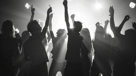 Silhouette of young people with raised flutes having fun and clubbingの素材