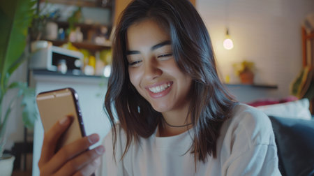 Happy hispanic teen girl holding cell phone using smartphone device at home. Smiling young latin woman blogger subscribing new social media, buying in internet, ordering products online in apps.の素材