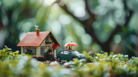 House, car and family protected with an umbrella by an insurer, Property insurance concept. Home and real estate insurance concepts.の素材