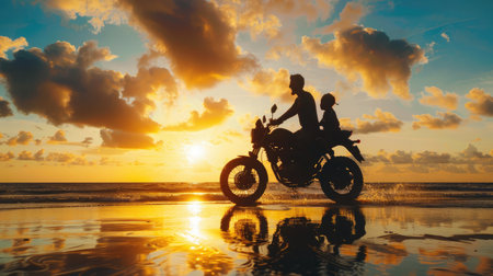 Biker family silhouette , daddy and son at the beach at sunset.の素材