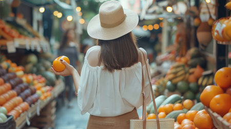 Fair-skinned young girl holds orange standing with her back to camera in fruit street shop. Brunette wears hat, blouse, pants and string bag. Concept shoppingの素材