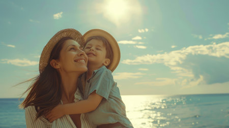 Portrait of happy mother and son at sea, outdoorの素材