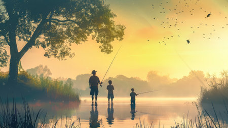 Father,son and grandfather fishingの素材