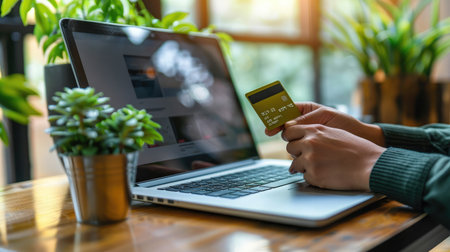 Hands holding credit card and using laptop. Online shoppingの素材