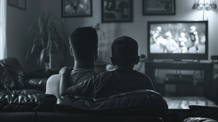 Father And Son Watching Sports On TVの素材