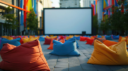 open air cinema with colorful bean bag. empty white screen, free space for text or montageの素材