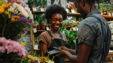Smiling florist holding card reader machine at counter with customer paying with credit card. Young african american florist shop assistant holding payment machine while buyer purchase a bunch flower.の素材